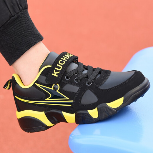 Cool super spring and autumn new style medium and large children's shoes boys' sports shoes primary school students' casual shoes spring leather children's shoes 6789 10-year-old boy's travel shoes basketball sneakers boys' shoes A22 black and yellow [single shoe leather] 36 size / shoe inner length 23cm