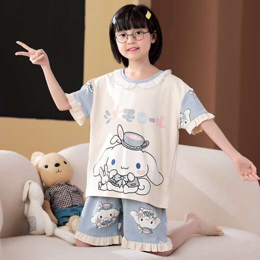 曼妮朵夏季儿童库洛米睡衣薄款卡通套装小女孩纯棉短袖女大童家居服全棉 M6636女【双短】 130cm 14码建议125-135cm