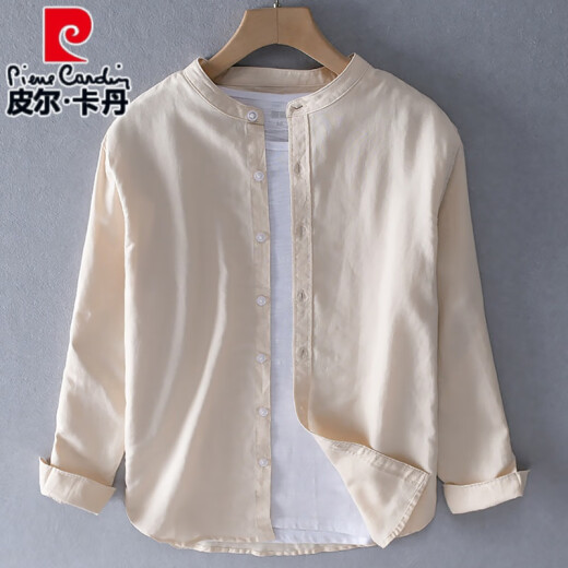 皮尔卡丹（pierre cardin）春夏季小立领亚麻衬衫男装长袖无领衬衣休闲圆领棉麻布上衣服外套 9207军绿色 M