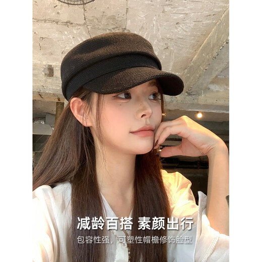 CGEDIAO Black Antique Linen Woven Beret Women's Autumn Thin Versatile Face Showing Little Newsboy Painter Octagonal Hat Trendy #1714-Beige M Can generally be worn (54-59c)