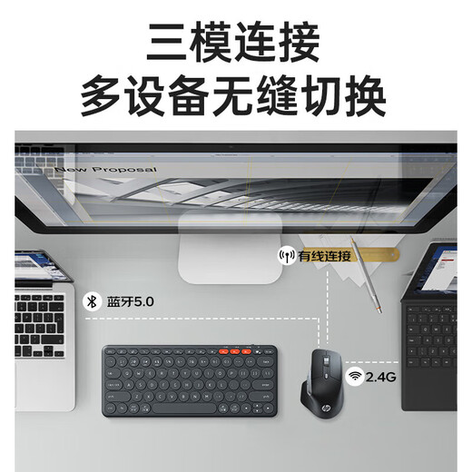 HP Ergonomic Mouse Bluetooth Wireless Three-Mode Office Light Mouse Multi-device Connection 4000DPI Adjustable Laptop LED Large Screen Universal 3 Devices Switching in Seconds Large Hand Version Wired Bluetooth Three-Mode Connection - Black Mute Button