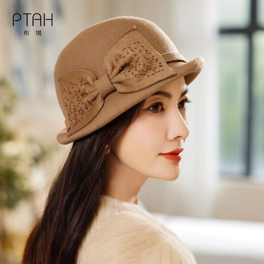 Buta autumn and winter hat women's retro hat wool felt hat beret shaped hat felt hat large bow sequins camel