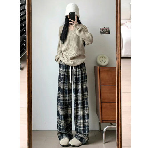 Aiyi-Kleidung plus Samt verdickte Wollplaidhose für Frauen im Herbst Neue loses Weitbein hohen Taillensport- und Freizeithosen 687 Marineblau plus Samt hohe Qualität 2xl 135-150jin [Jin gleich 0,5 kg]
