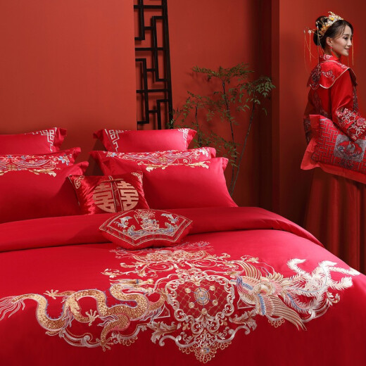 Mercury Home Textiles Wedding Four-piece Set Wedding Bedding Pure Cotton Bed Red Sheet Quilt Cover Pillow Case