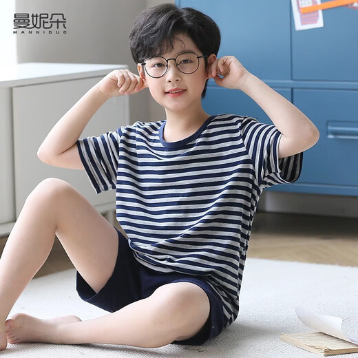 Mannido boys pajamas summer new short-sleeved boys pure cotton children big children's cotton thin youth home clothing set N6621 [double short] 175 larger version L code [115-135Jin[Jin equals 0.5 kg]]