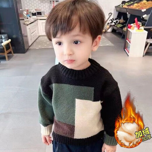 允橘男童毛衣套头加绒加厚季新款0-3岁宝宝百搭针织衫洋气拼色毛线衣 黑色双拼 90