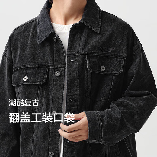 森马（Semir）森柔牛仔|夹克男复古牛仔外套春季时尚绣花工装宽松翻领上衣 牛仔水洗黑98201 L