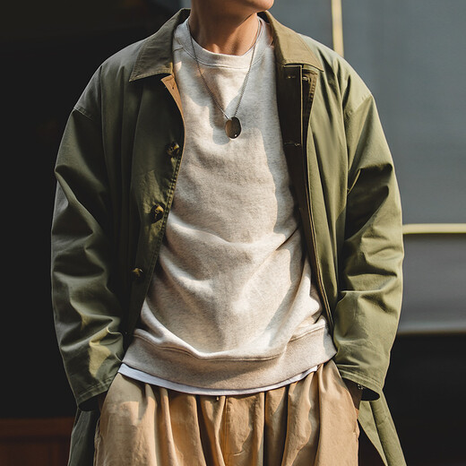 马登工装美式休闲撞色巴尔玛肯风衣男重磅宽松中长款大衣外套秋季 军绿色 L