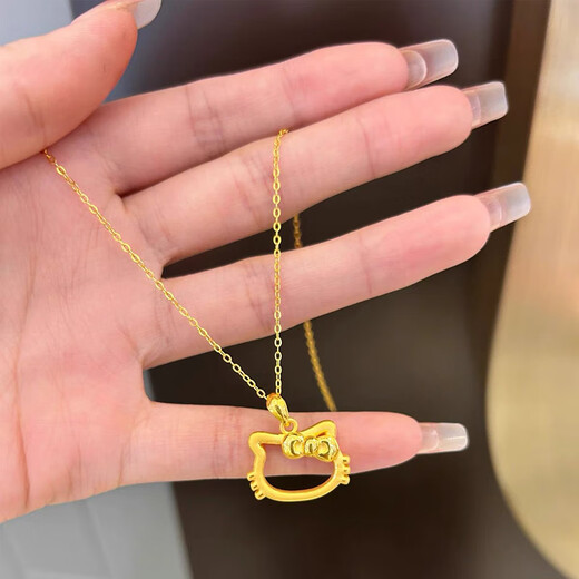 Jingyuelong Pure Gold 999 Hello Kitty Pendant Gold KT Cat Frame Bow Pendant Women's Necklace as a Gift for Girlfriend Gold Light Small Hollow Cat Approximately 0.23-0.28g+S925 Necklace