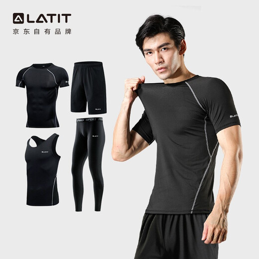 LATIT Jingdong's own brand sports suit men's summer fitness running tights shorts compression trousers basketball uniform T-shirt NZ9001-black stitching-short-sleeved four-piece set-XL
