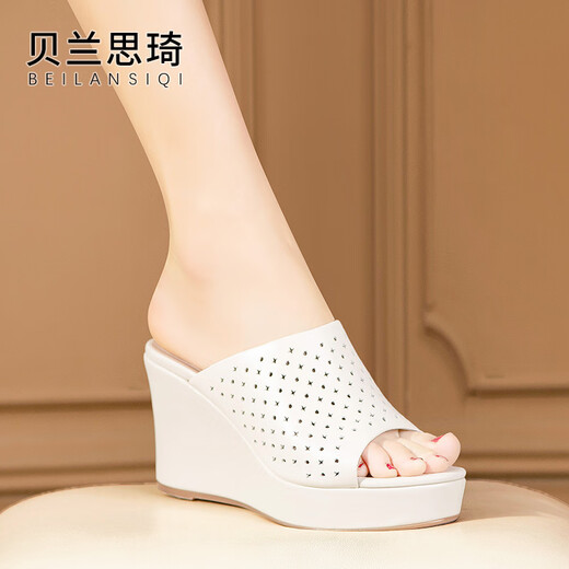 Belansiqi cowhide comfortable thick-soled outer wedge sandals and slippers for women summer new hollow waterproof platform high-heeled slippers 6557 beige 34