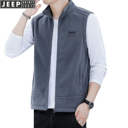 Jeep (JEEP) Vest Men's 2025 Autumn and Winter New Casual Solid Color Hoodless Stand Collar Warm Men's Polar Fleece Thickened Vest Trendy Gray XL