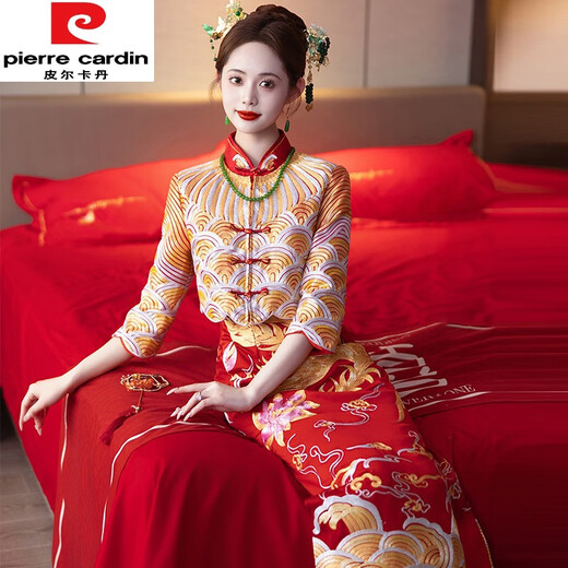 Pierre Cardin Xiuhe Wedding Dress 2025 New Wedding Toast Dress Bride Dragon and Phoenix Gown Chinese Wedding Dress Cheongsam Slim XH1049 Star Shine No Headgear M