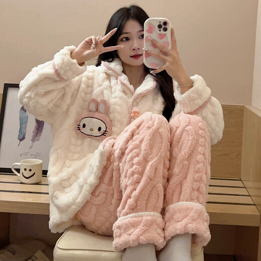 Langsha Coral Velvet Pajamas for women for summer long-sleeved 2025 new flannel thickened warm spring and summer home clothing set 9221 M:[75-100Jin[Jin equals 0.5 kg]]