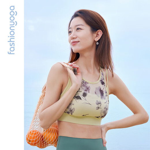 凡圣瑜伽薄零感水墨网纱假两件BRA美背带胸垫修身跑步运动瑜伽内衣FY14113 芸黄 S