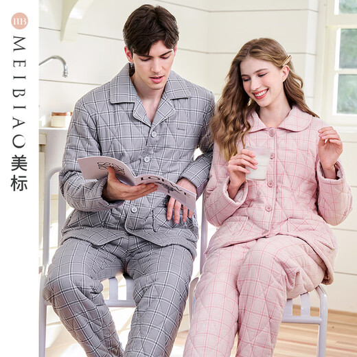 American Standard's new couple's three-layer quilted thermal pajamas for women, winter all-cotton quilted padded clothes, plaid can be worn outside, home clothes for men, Taro powder L