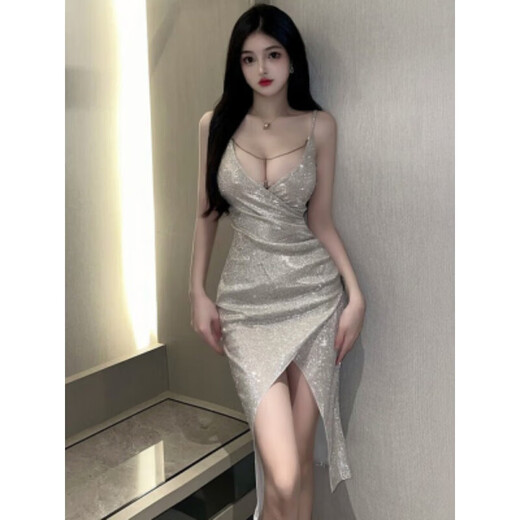忆静萱（YIJINGXUAN）夜店性感女装吊带连衣裙轻奢小众高端亮片礼服裙不规则开叉中长裙 香槟色 均码 2