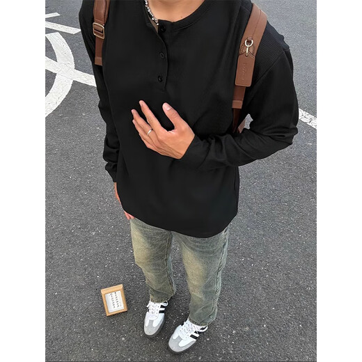 Футболка с длинным рукавом Yalu Black American Genry Neck Mens Awumn и Winter Waffle Pluse Plus Fleos Collesed Base Rube 1381 Black [Высокое качество 23] Флис XL 125-140JIN [Джин равняется 0,5 кг]