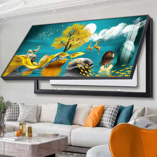 丞仔大尺寸电表箱装饰画轻奢掀盖强弱电箱遮挡壁画现代简约免打孔挂画 JD15928一鹿高升 120*60(遮挡110*50) 掀盖黑框