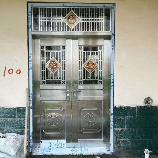 勤凯304不锈钢对开门农村自建房入户门别墅防盗进户门厂家直销双开门 福字款【定制-测量价】