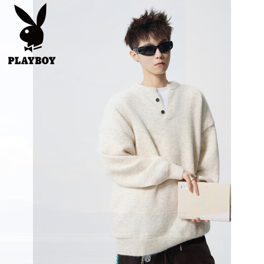 Playboy (PLAYBOY) American Heavy Henley Collar Bottoming Knitted Sweater Men's Autumn Handsome Loose Lazy Style Pullover Sweater Black L
