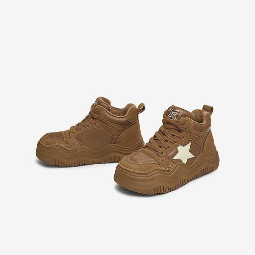 Best 2025 spring new fashionable sports high-top shoes plus velvet warm women's casual shoes X1591AD5 camel 40