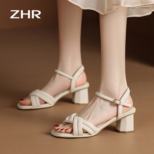 
ZHR Sandals for women in summer elegant one-strip thick heels for women's shoes gentle solid color high heels for women Y683 beige 38