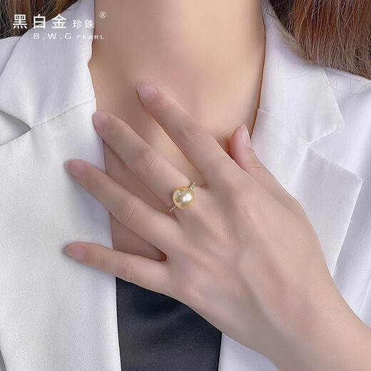 Black and white gold pearl South Sea seawater gold pearl ring 18K gold material inlaid with gold pearl ring temperament women's model 11-12mm