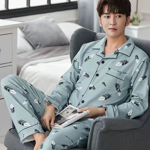 Reine Baumwollsommer-Pyjama für Männer im Frühjahr und Herbst, langärmelte dünne, lose große Jugendhaus-Kleidung, Strickjacke Set 826 L (geeignet für 100-140 Jin [Jin ist 0,5 kg])