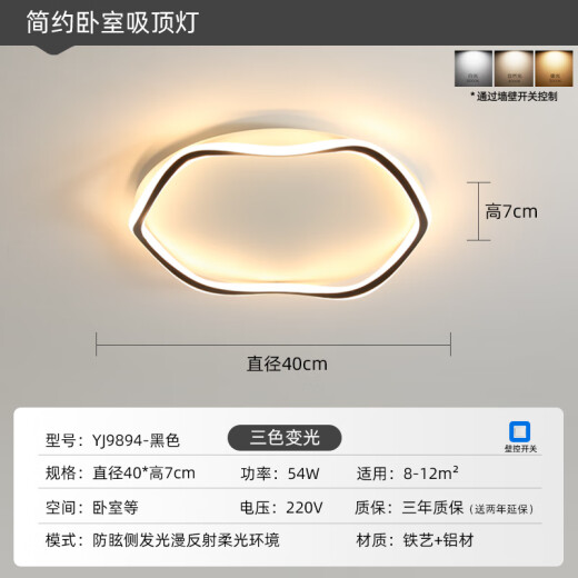 丹尼诗极简主卧室灯ins吸顶灯现代简约房间灯网红睡房灯具书房灯 9894 黑色40CM三色变光