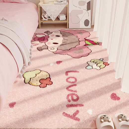 Bedside carpet for bedroom, all seasons thickened imitation cashmere, girl's children's room, cute living room, master bedroom under bed floor mat, Xiong Er Bi Xin Xin - Rectangular (imitation cashmere) 50*120 (milk fufu's gentle touch)