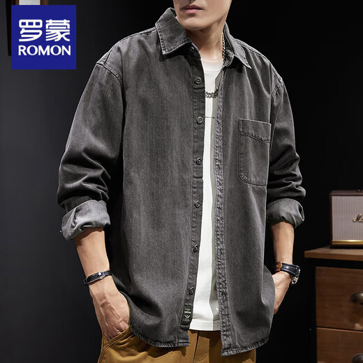 罗蒙牛仔衬衫男士秋季户外重磅工装外套春秋季美式蓝色耐磨纯色上衣男 Z757黑色 L