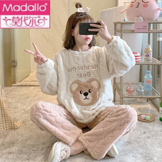 莫代尔珊瑚绒睡衣女春秋冬季加厚保暖甜美可爱法兰绒学生家居服套 3271蓝兔 XL 120-130斤