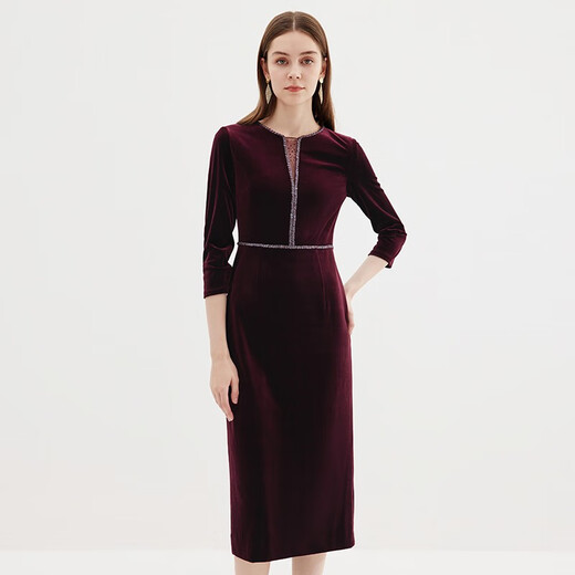 Aiteai retro high-end elegant beaded V-neck waist velvet dress dress autumn new style 7177815 Chateau Red 60 L 165