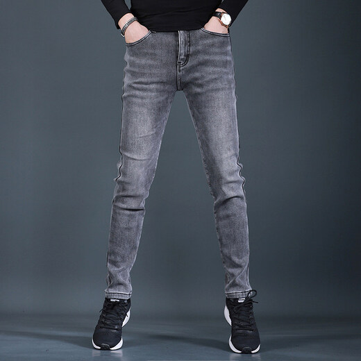 
Fan Litai autumn and winter plus velvet thickened smoke gray jeans for men slim feet fashionable casual simple men jeans long trousers QQ 1049 gray 33