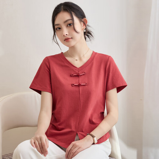 Magischer chinesischer Stil falten kurzärmeliges T-Shirt mit V-Ausschnitt für Frauen im Sommer Neues T-Shirt-vielseitiges Retro-Top für Frauen 9893 Brick Red L (110-120jin [Jin entspricht ungefähr 0,5 kg])