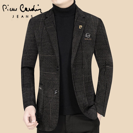皮尔卡丹（pierre cardin）秋冬季羊毛呢西装男外套2025新款中年爸爸单件商务休闲西服上针织 黑色 L 175