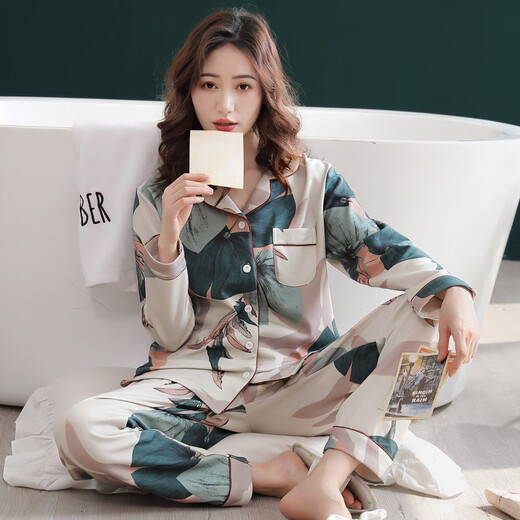优婷菲（YOUTINGFEI）睡衣女春秋季纯棉长袖薄款宽松全棉家居服女士秋款大码套装可外穿 XEQ-9906绿色 2XL(身高163-174 体重135-150)