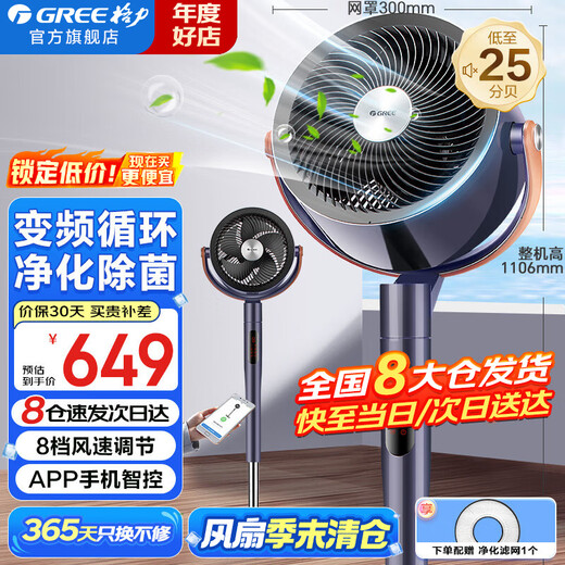 Gree Electric Fan Home Air Circulation Fan Intelligent Remote Control Floor Fan Plasma Sterilization Purification Fan DC Variable Frequency Energy-Saving Electric Fan Light Sound Low Noise Ventilation Fan Air Conditioning Companion FXDZ-2305Bg5-Plasma Sterilization-Purple