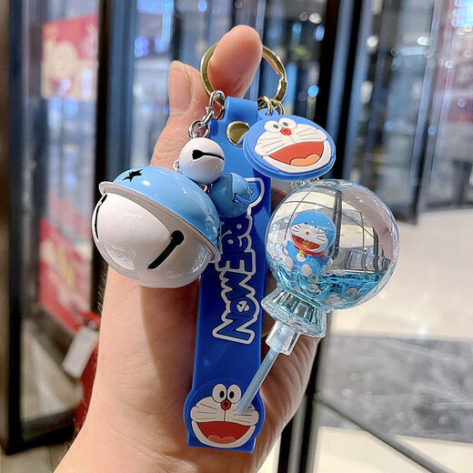 Doraemon keychain pendant liquid quicksand school bag hanging ornament for girlfriend best friend children creative heart-hearted practical quicksand Dingdang cat-bottle + blue and white bell