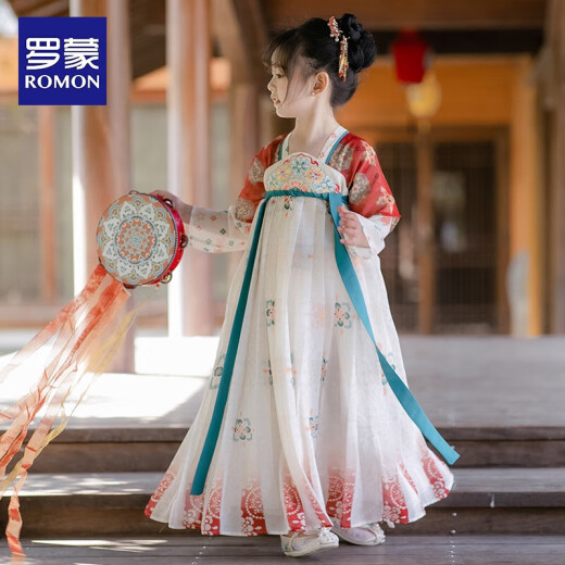 罗蒙儿童汉服春秋季女童唐装中国风女孩古装六一演出服 敦煌橘 110