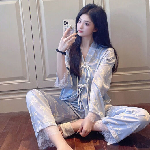 Modal ins style pajamas for women with button lace and long sleeves, spring and autumn style, new Chinese style printed home wear set HZX-8615 [high quality] XL [recommended 120-135 Jin [Jin equals 0.5 kg]]