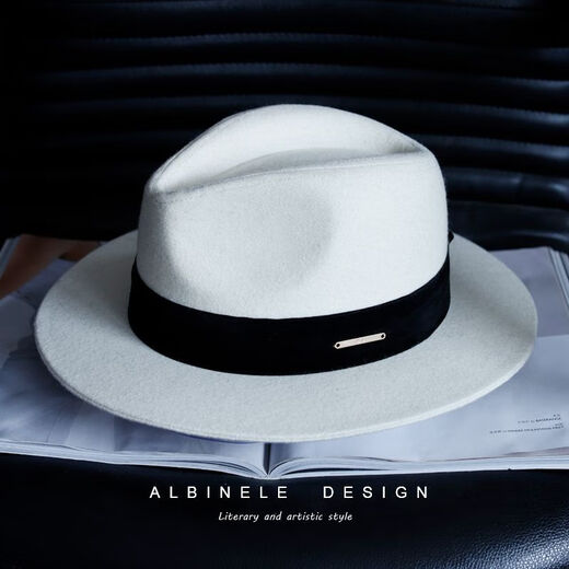 ALBINELE French new autumn and winter white wool topper hat for men and women black big head flat ridge felt hat versatile camel pure black regular code M (55-57.5cm) adjustable