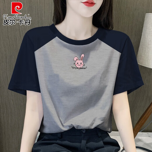 皮尔卡丹复古插肩短袖t恤衫女士2025新款纯棉体恤设计感小众上衣洋气显瘦 1476花灰色-插肩袖 2XL