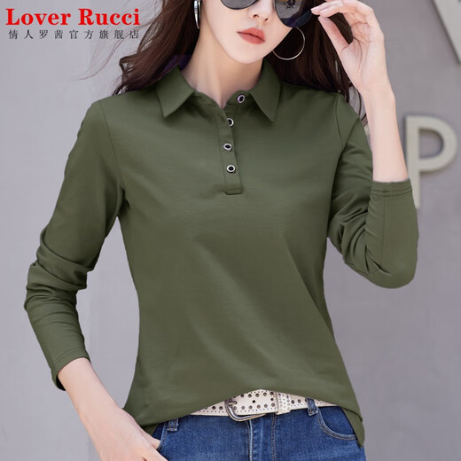 LOVER RUCCI pure cotton lapel long sleeve T-shirt for women loose 2025 autumn new style top POLO collar t-shirt shirt 9853 white S recommended 80 to 95 Jin [Jin equals 0.5 kg]
