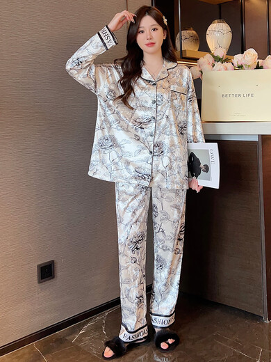 Xuan Mulin 2024 Nuevo pijama de terciopelo de oro para mujeres en primavera, otoño e invierno La ropa casera de tinta de cárdigan de manga larga se puede usar afuera de 5009 letras M Flower M