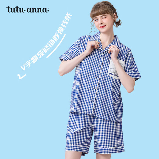 tutuanna5折家居服套装 女 Peloringirl格子大印花短袖短裤上下套 261708-海军蓝 均码 上衣160/84A 裤子160/70A