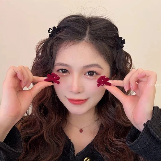 高级感丝绒蝴蝶结小抓夹刘海发夹复古公主夹子头饰女小号碎发夹女 黑色【一对】植绒蝴蝶结