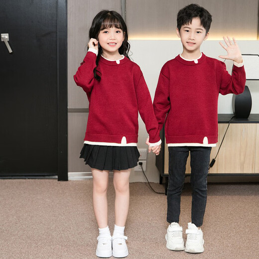 Little Bear Elf (xiaoxiongjingling) knitted sweater parent-child outfit family outfit red festive New Year sweater autumn and winter style mother-daughter outfit for a family of three or four burgundy parent-child outfit/single sweater children's size 100 (recommended weight 30Jin Jin is equal to about 0.5 kg)