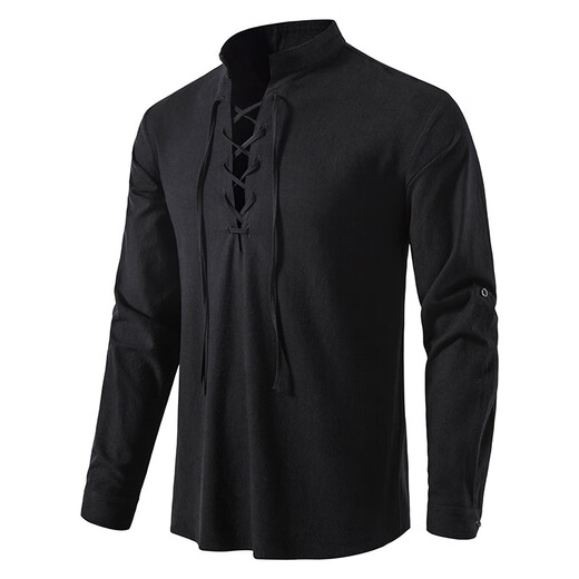 Men's Henley Medieval Retro Shirt Lace-Up Long Sleeve Shirt Nordic Style Renaissance Punk Performance Costume Navy L